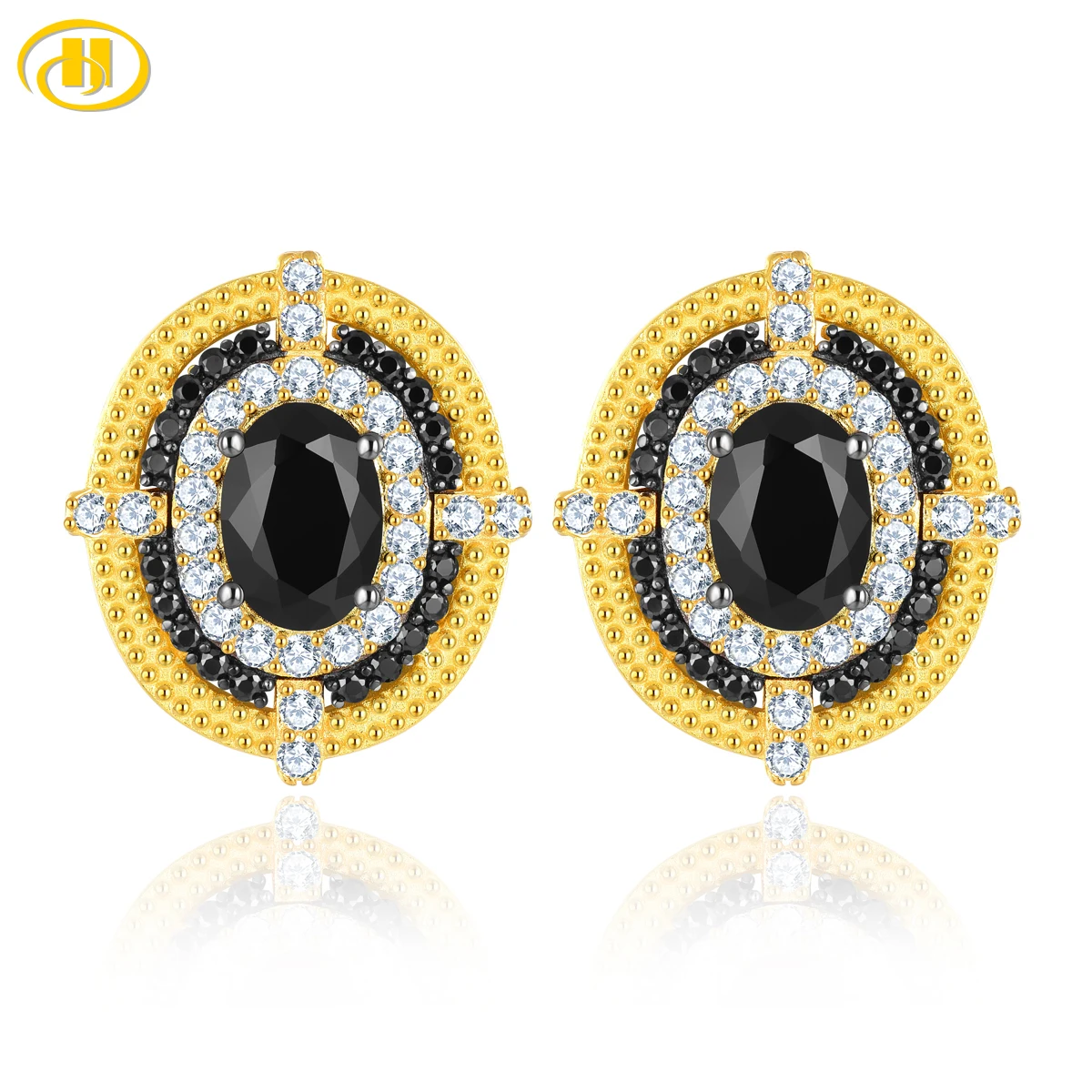 Natural Genuine Black Spinel Yellow Gold Plated Earring 2.2 Carats Gemstone Classic Fine Jewelry S925 Women's Birthday Gifts