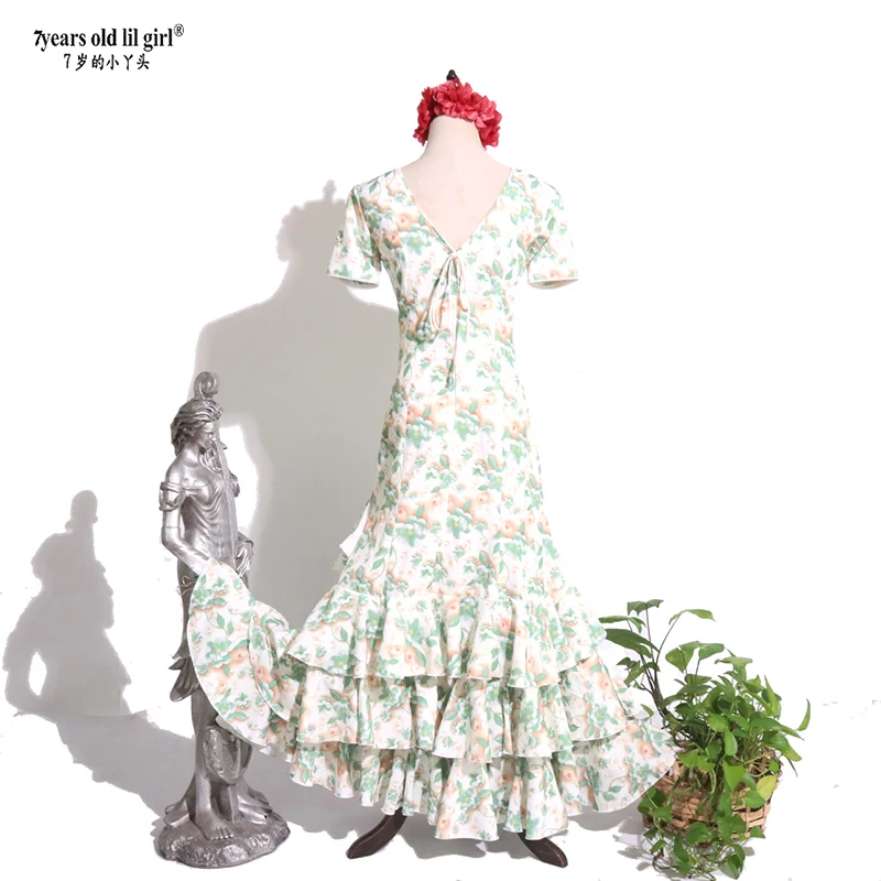 7yearsoldlilgirl 2025 New Spanish Flamenco Dance Cotton Dress  Evening Dresses V Neck Wear Women ENE20