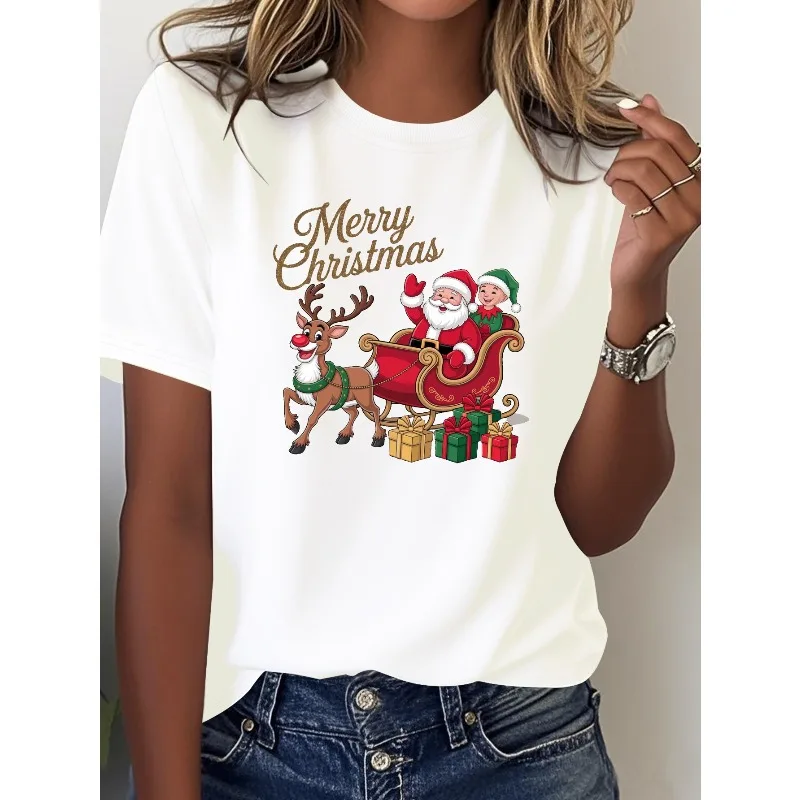 

Ladies' Christmas Santa Claus Sled Pattern T-shirt Soft Holiday T-shirt with Santa Claus Reindeer Sled Casual Christmas T-shirt