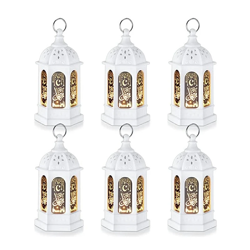 6Piece Mini Ramadan Candle Mubarak Lantern LED Eid Mubarak Lantern Moon Star Lights Moroccan Style Hanging Lantern White