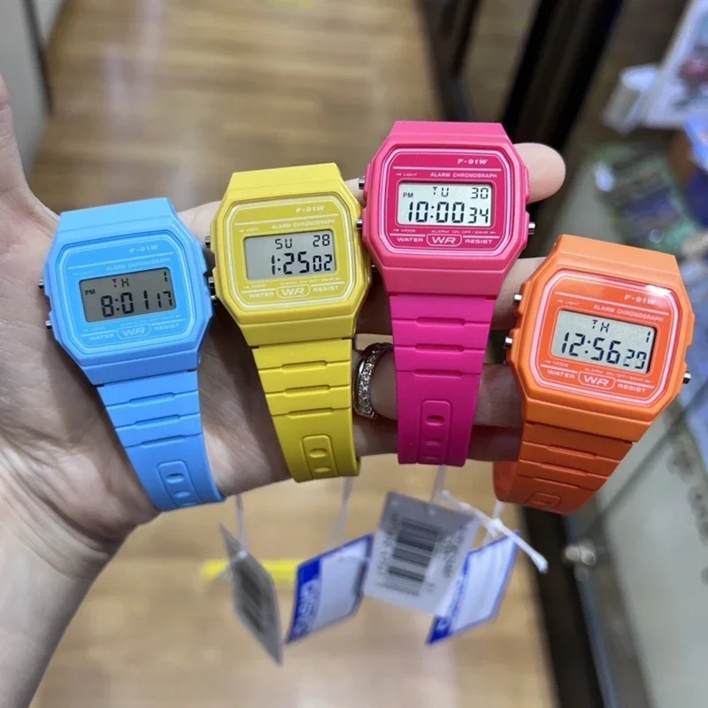 F91W Women Colorful LED Digital Watch for Men Silicone Strap Wristwatches for Couple Sports Square Wrist Band Clock Ladies Gift