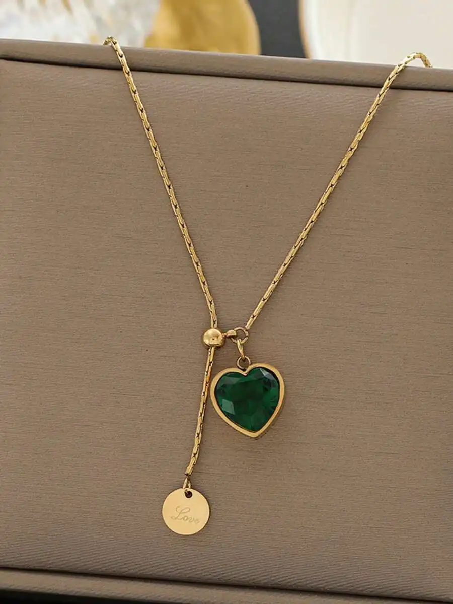 Collar de acero inoxidable con forma de corazón de diamante esmeralda para mujer, collar de gargantilla ajustable de diseño minimalista, Suita, 1 ud.