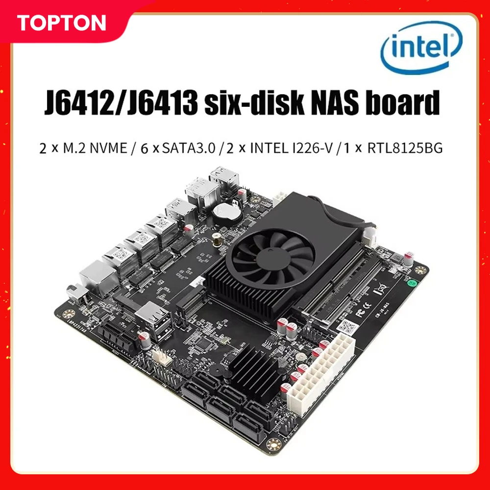 NAS Motherboard J6413 J6412 2*Intel i226-V 1*RTL8125BG 2.5G LANs 2*NVMe 6*SATA3.0 2*DDR4 1*PCIe Mini ITX Soft Router Mainboard