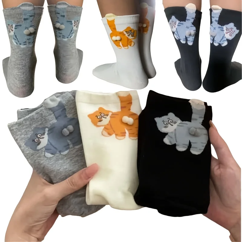3 Pasang Kaus Kaki Wajah Kucing Lucu - Kaus Kaki Hewan Unik yang Lembut dan Lucu dengan Motif Tabby, Multi-Warna (Abu-abu/Putih/Hitam) untuk Wanita & Pria