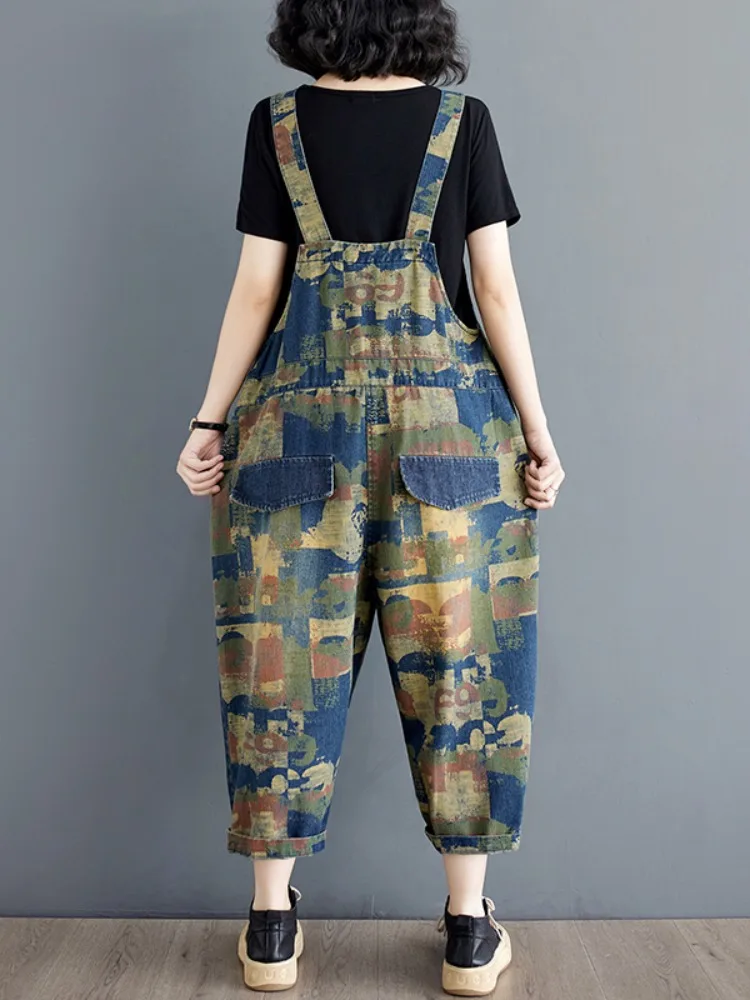 Retro cor blo camuflagem denim macacão feminino verão plus size solto emagrecimento macacão nove pontos harem calças