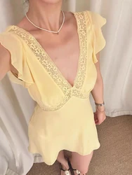 Women Hollow Out Yellow Lace Patchwork V Neck Silk Diagonal Cut Mini Dress
