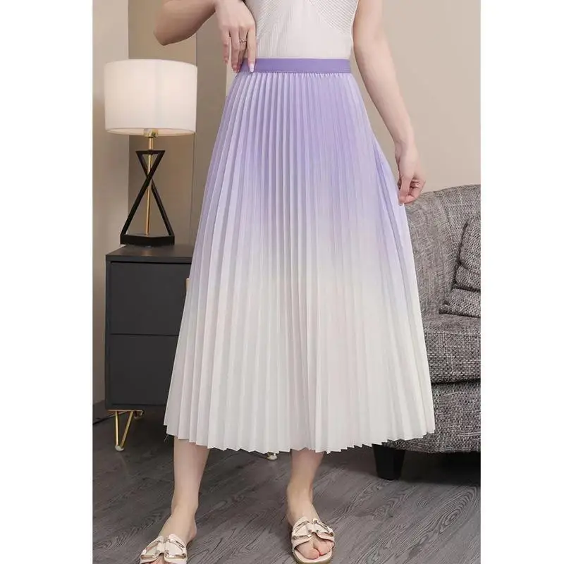 Nova saia gradiente drapeada de alta qualidade feminina nova saia longa de cintura alta saias plissadas alongadas