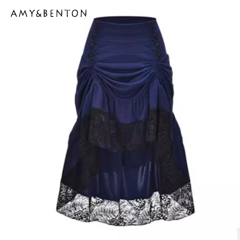 

Original Design Punk Court Gothic Black Women's Half Skirt 2025 Spring Summer Lace Splicing Sweet Cool Long Tail Skirts Ladies