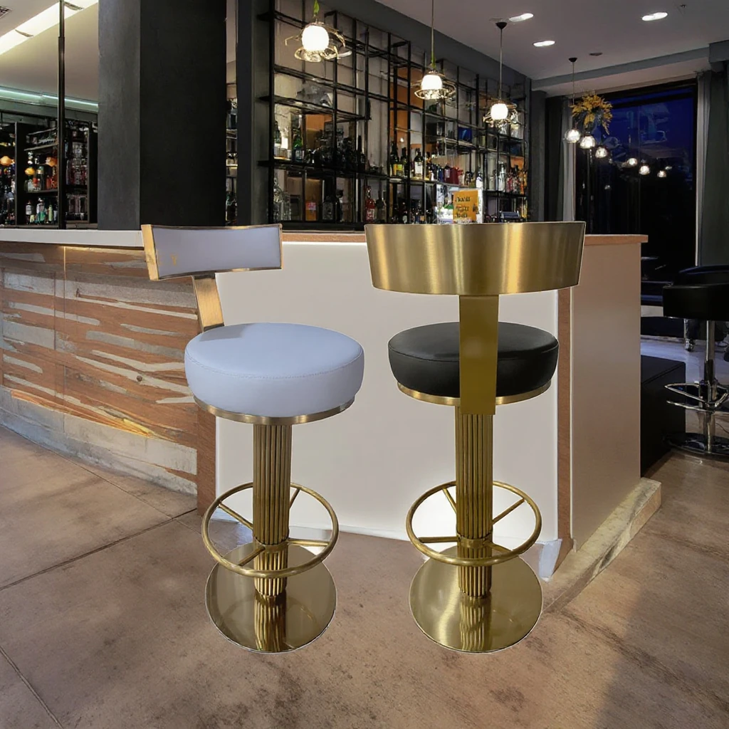 Modern Hotel Furniture Gold Metal Swiveling Padded Backrest Chair Counter Bar Stools Luxury Padded Dining High Chairs Decor