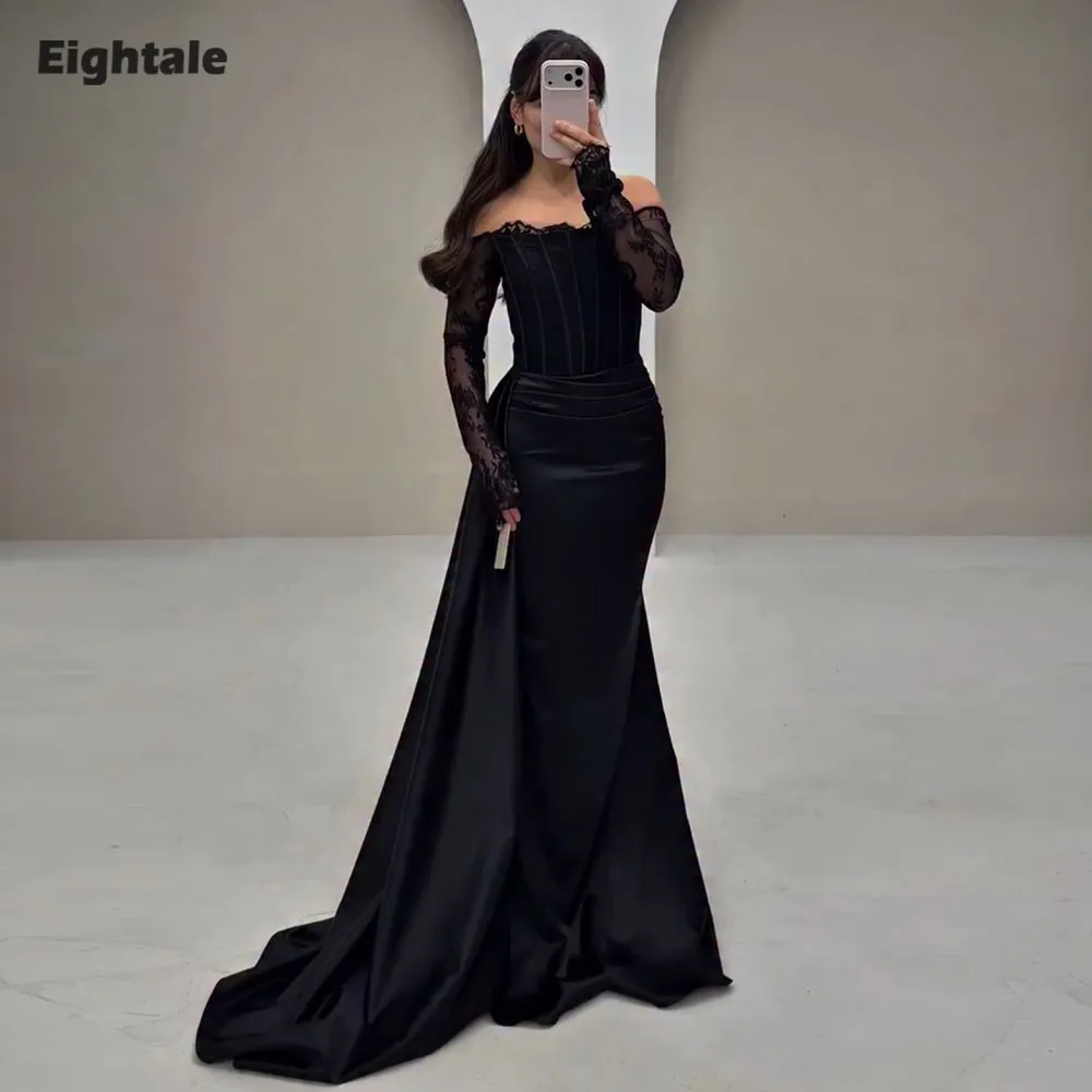 

Eightale Off the Shoulder Evening Dress Lace Customized Floor Length Satin Long Sleeves Prom Wedding Party Gown Vestidos De Gala