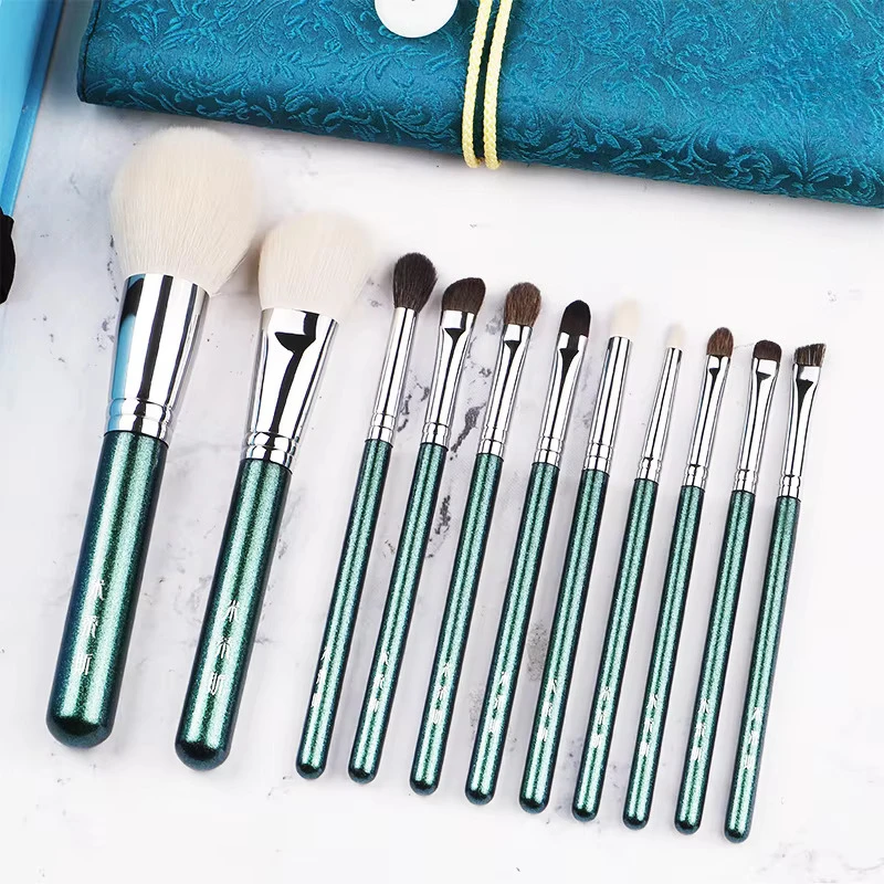 Natural Animal Hair Aluminum Tube Wood Handle 11Pcs Pearly Green Series Makeup Brush Set Factory Wholesale Spot Sale