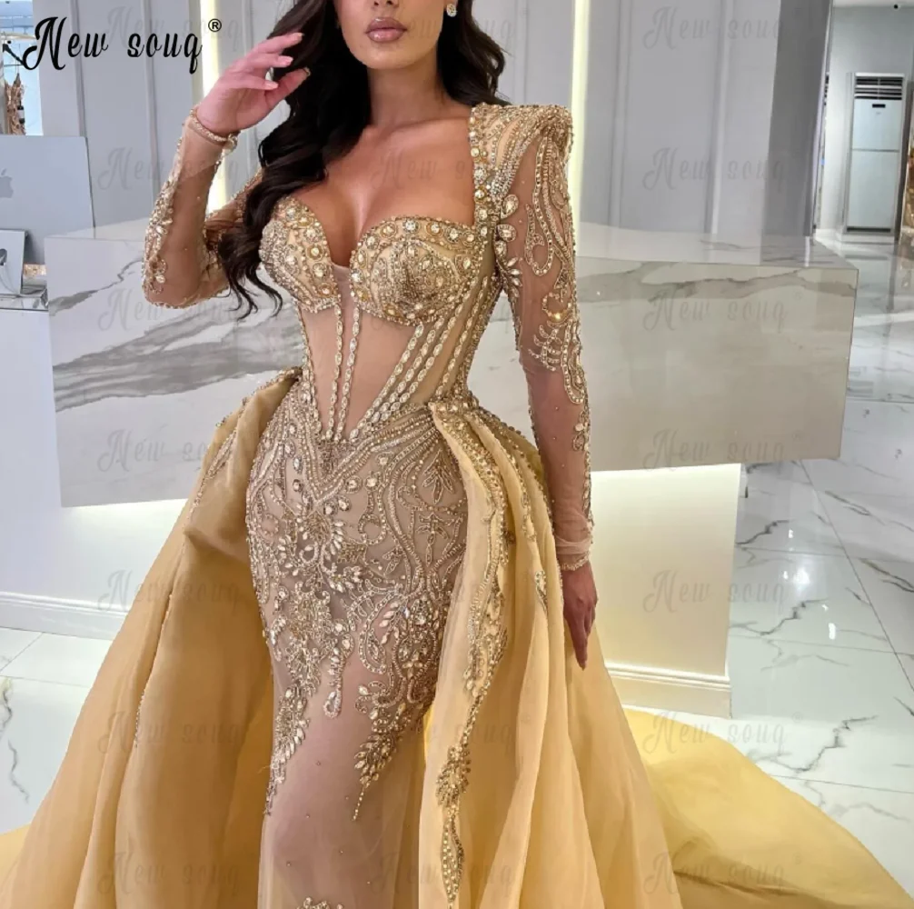 Gold Celebrity Dresses With Detachable Train Queen Anne Dubai Customized Luxury Formal Evening Night Gowns Wedding Party Dresses