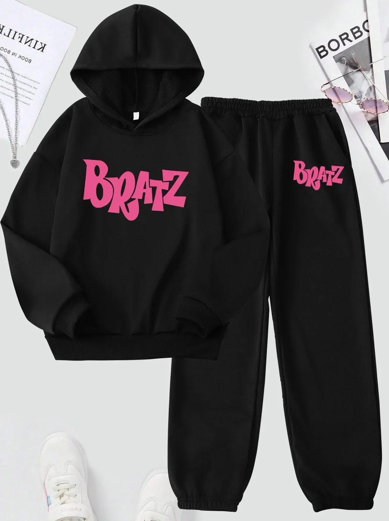 Letter BRATZ Print Children\'s Sets Hoodies Pant Loose Two Piece Daily Fashion Autumn Winter Clothes Comfortable Long Sleeve Tops