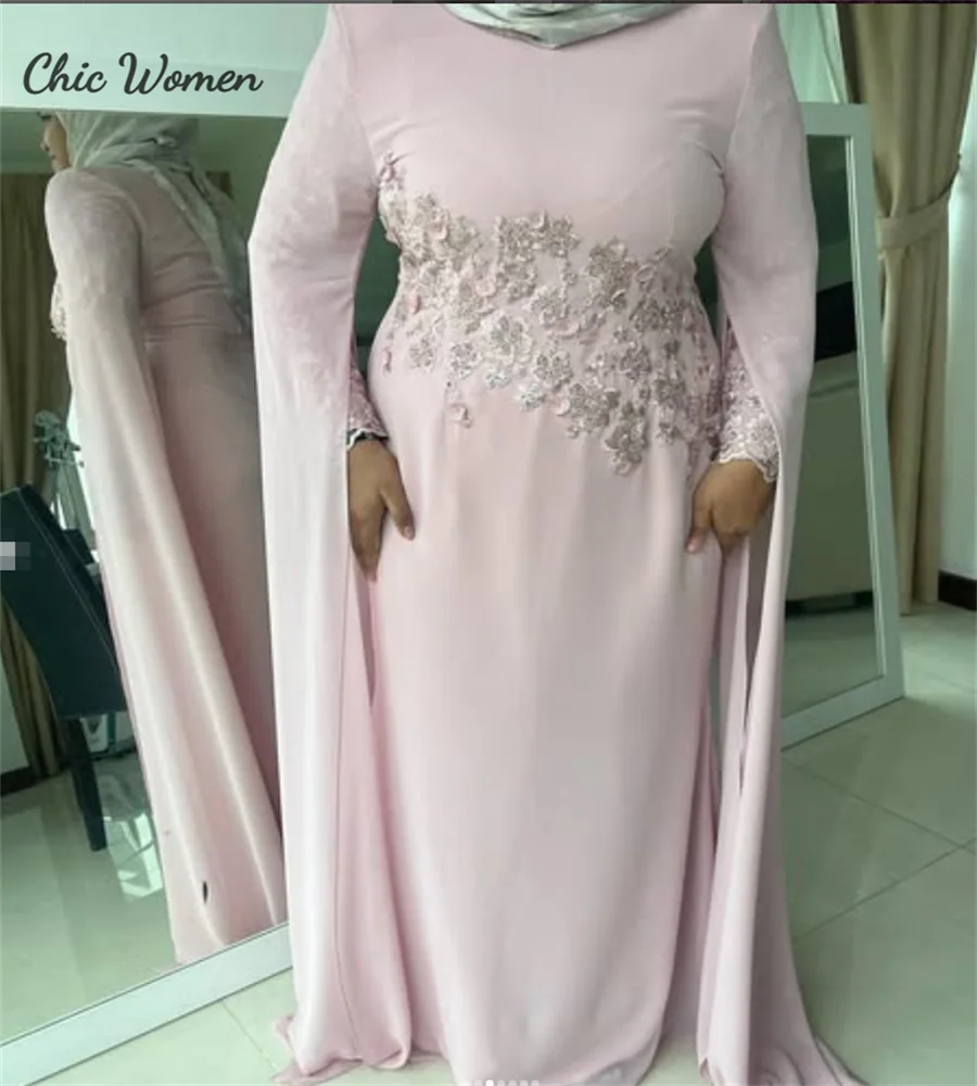 Beautiful Pink Muslim Evening Dress Plus Size Caftan Moroccan Arabian Prom Dress Chifon Long Sleeve Engagement Party Customized