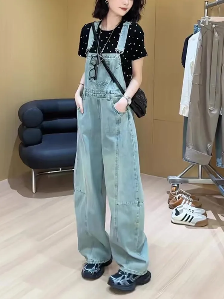 

Retro large pocket denim overalls women in autumn loose and slimming design straight leg wide leg suspender jumpsuit