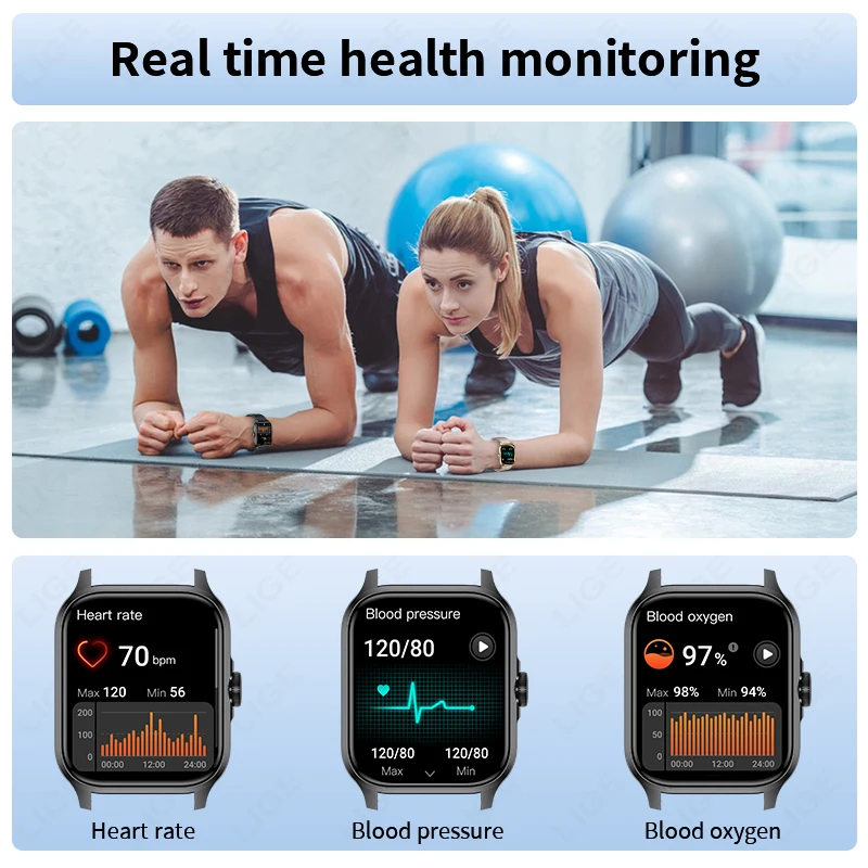 LIGE New Sport Smart Watch Men 1.85 Inch HD Display Blood Oxygen Monitor Watch Fitness Bracelet Bluetooth Call Smartwatch Women