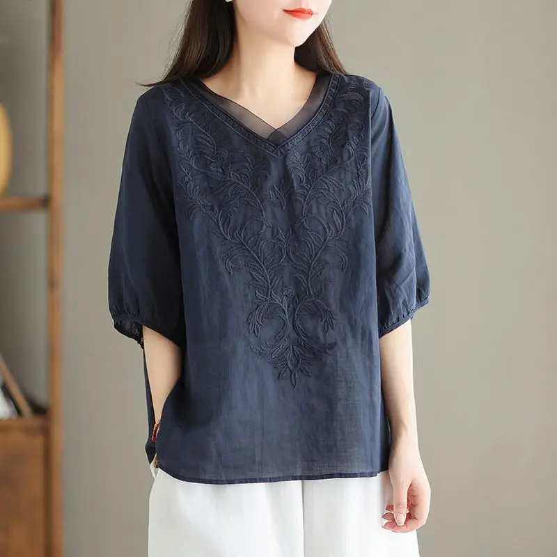 Summer Chinese Style Women Thin Style V-neck Solid Color Embroidery Loose Casual All-match Cotton and Linen Comfortable Shirt