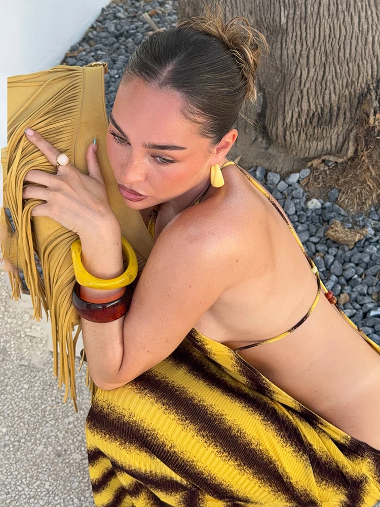 Weird Puss Sexy rückenfreies Kleid mit Kreuzmuster, Damenmode, gestreift, mit Perlenbesatz, ärmellos, heiß, für Strand, Urlaub, Party, figurbetont – Detail 17