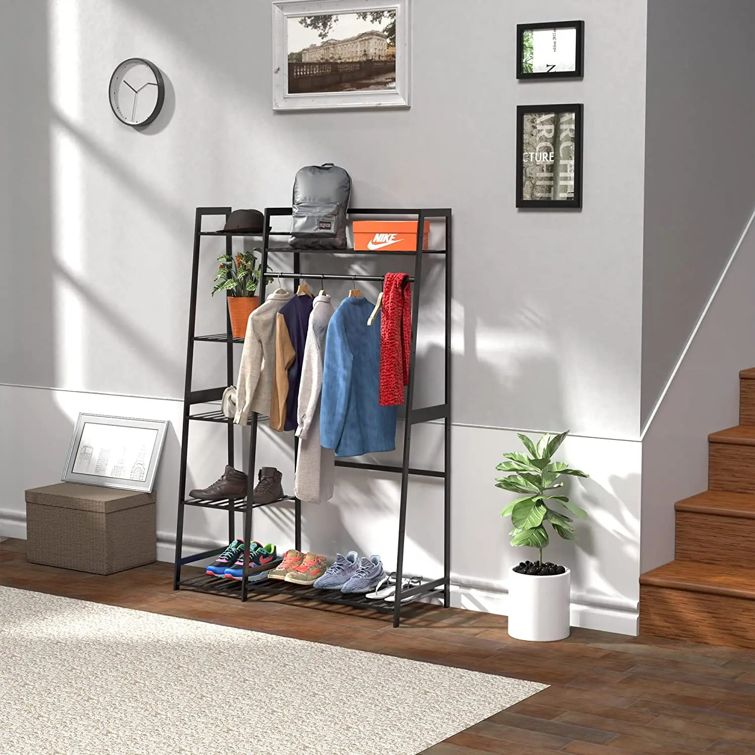 

Clothes Rack,Clothes Rack with Shelves,Freestanding Closet Organizer for Living Bedroom Room Kitchen Bathroom Entryway Office