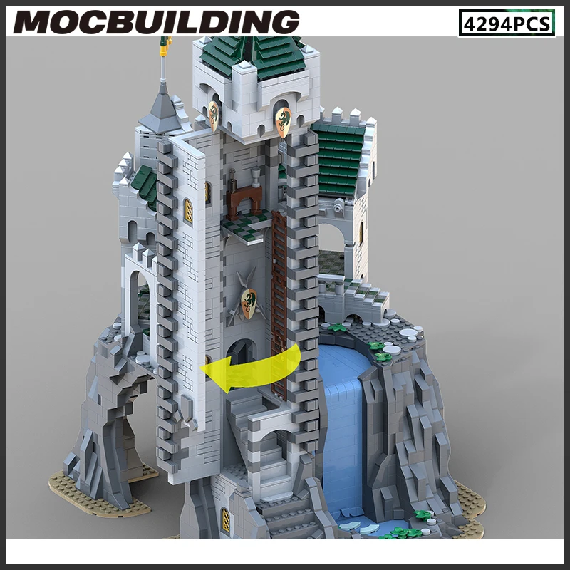 MOC Buidling Blocks architettura del castello medievale con cascata modello modulare mattoni fai da te assemblare la collezione di giocattoli regalo di natale