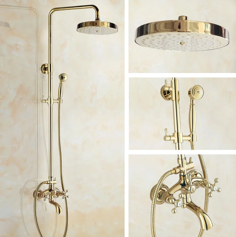 Golden Brass Wall Mounted Bathroom Faucet Set Bath Tub Rainfall/Handheld Shower Hot And Cold Water Mixer Taps Kit 2gf445