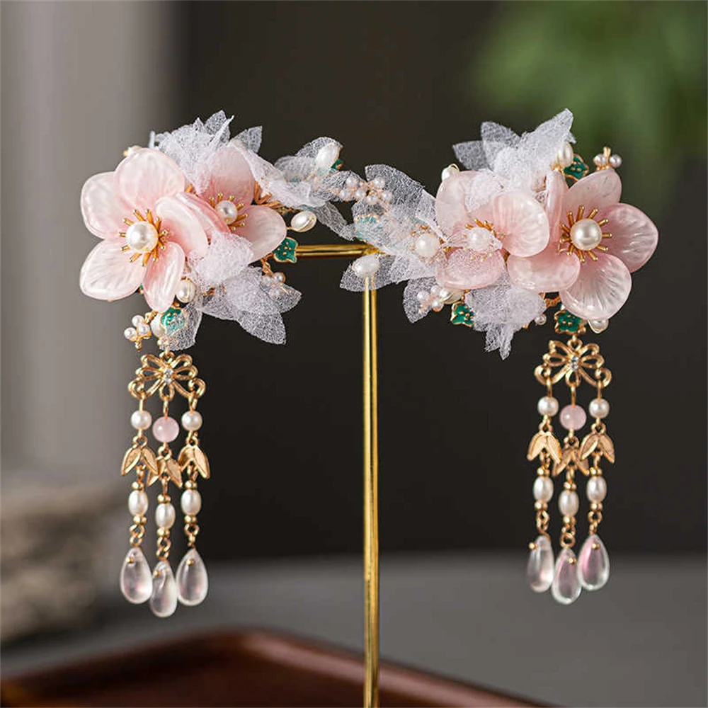 Ancient Style Temperament Peach Blossom Tassel Hairpin Cheongsam Hair Stick Cute Sweet Step Shake Lady Hanfu Hair Clip Headdress