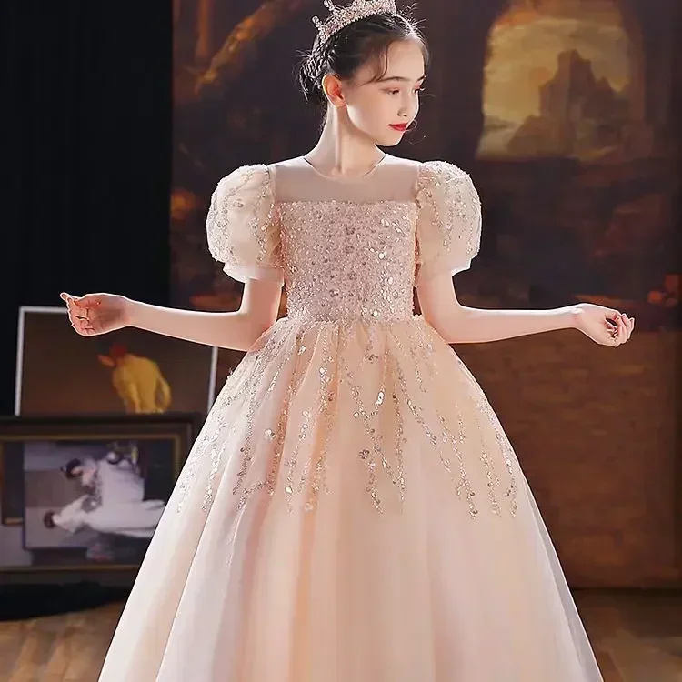 Vestido de niña de flores de primavera, vestido de princesa con lentejuelas, vestido de actuación de Piano para niños, vestido de noche de cumpleaños para niña