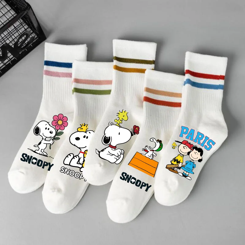 Snoopys Socks Cartoon Kawaii Anime Fashion Stripe Crew Socks Woman Spring Autumn Breathable Cotton Casual Short Stockings Gifts