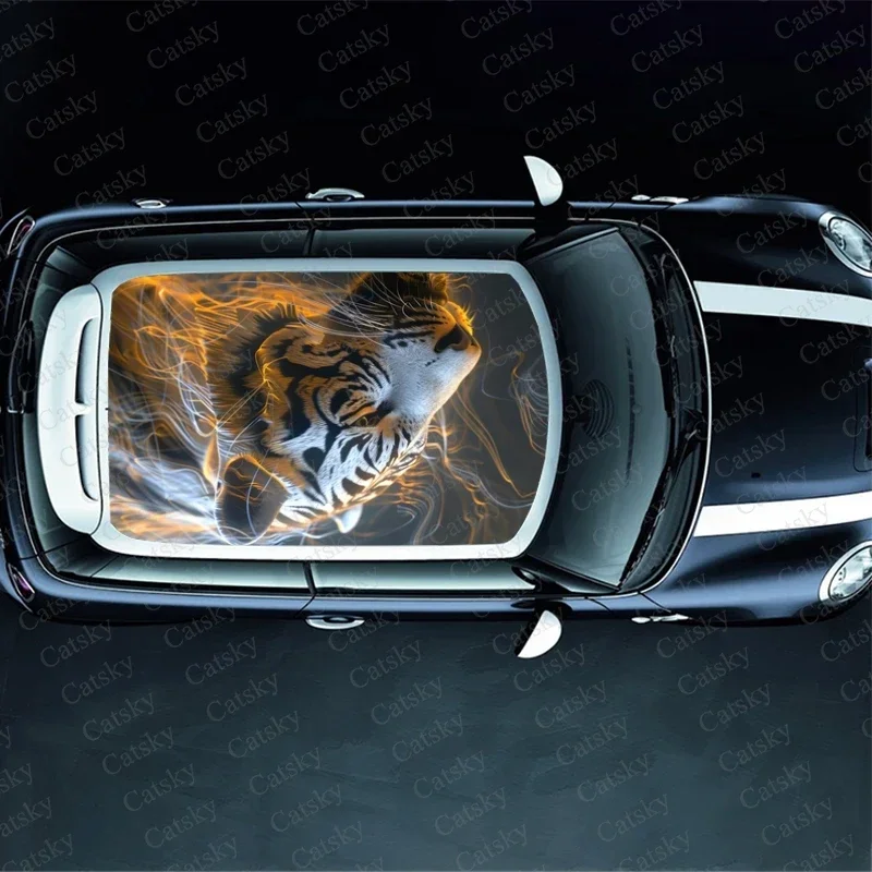 Majestic Tiger With Fire Car Roof Sticker Wrap Racing SUV Accessories Packaging Painted PVC Custom Car Graphic Decal