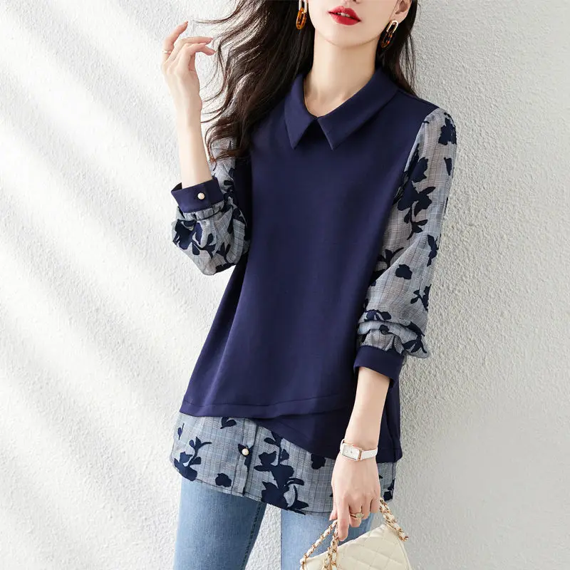 Women\'s Clothing Fake Two Pieces Shirt Casual Printed Spliced Spring Autumn Korean Loose All-match Stylish Asymmetrical Blouse