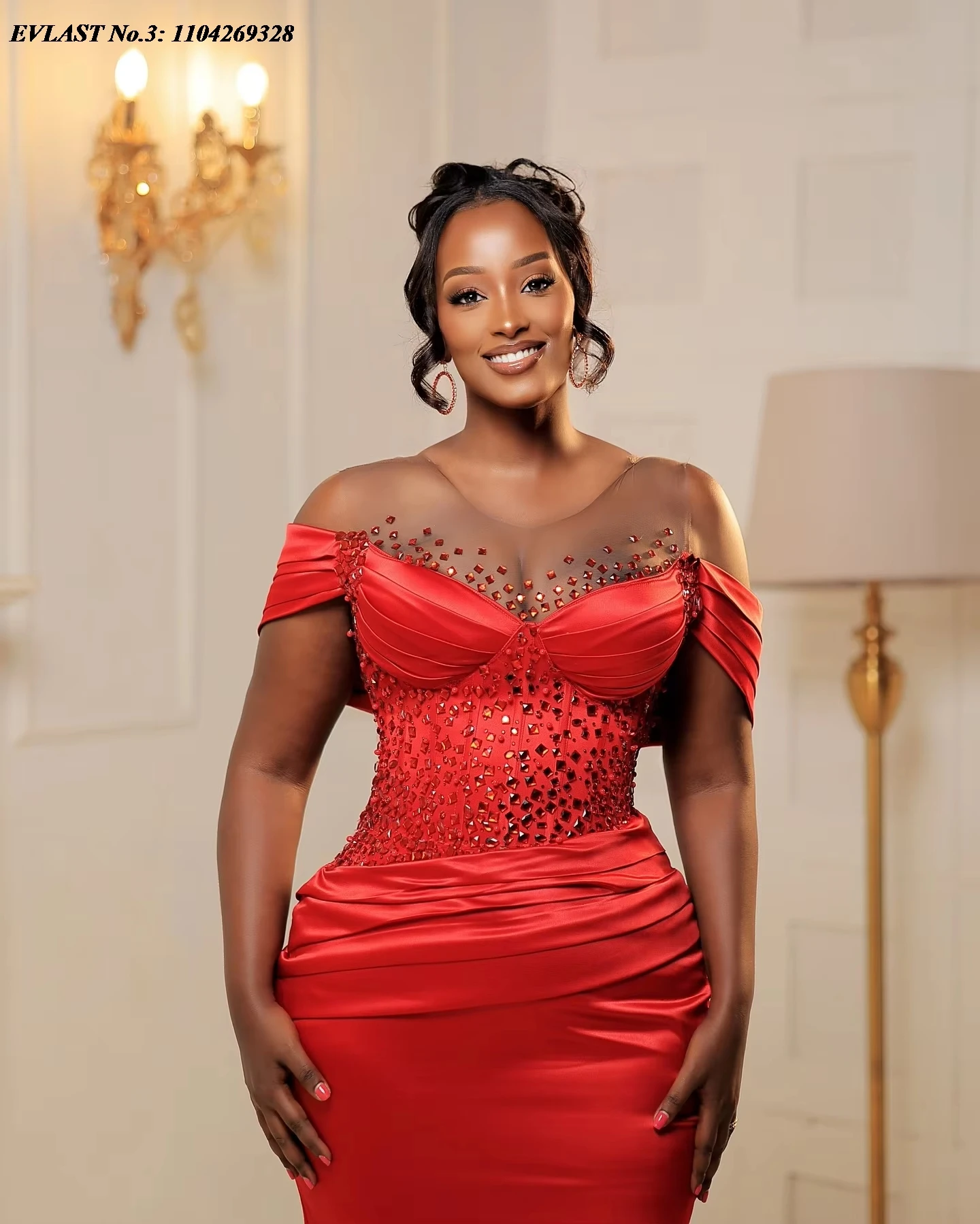 ชุดราตรีงานพรอมทรงเมอร์เมดสีแดงแบบแอฟริกันไนจีเรียประดับคริสตัลและลูกปัด  รุ่น E3P408 ของ EVLAST