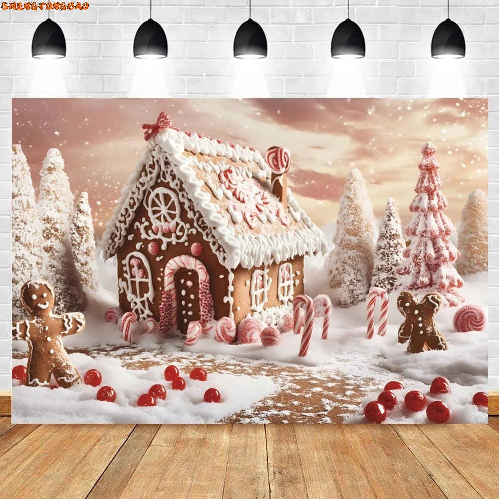 الأبيض الثلوج الصنوبر الغابات الزنجبيل منزل خلفية قصب الحلوى مصاصة كوكي رجل الاطفال صورة التصوير خلفية ديكور الدعامة