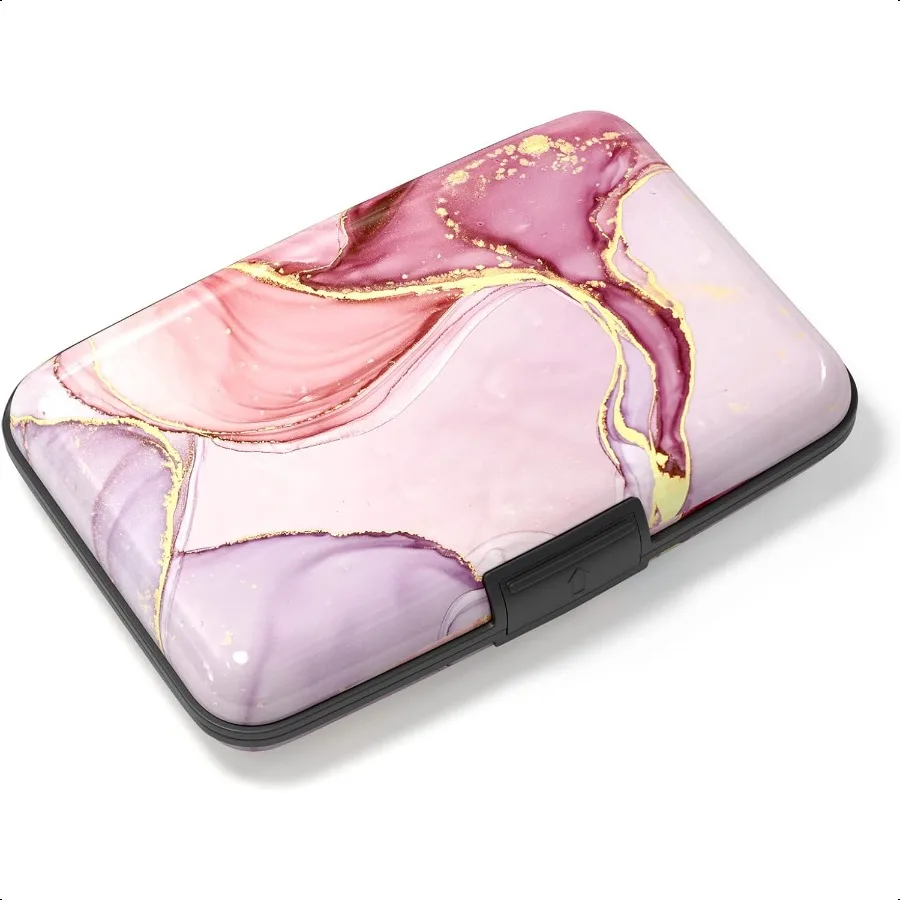 

Credit Card Holder Mini Aluminum Card Wallet RFID Blocking Slim Metal Hard Card Case for Women Men Pink Marble