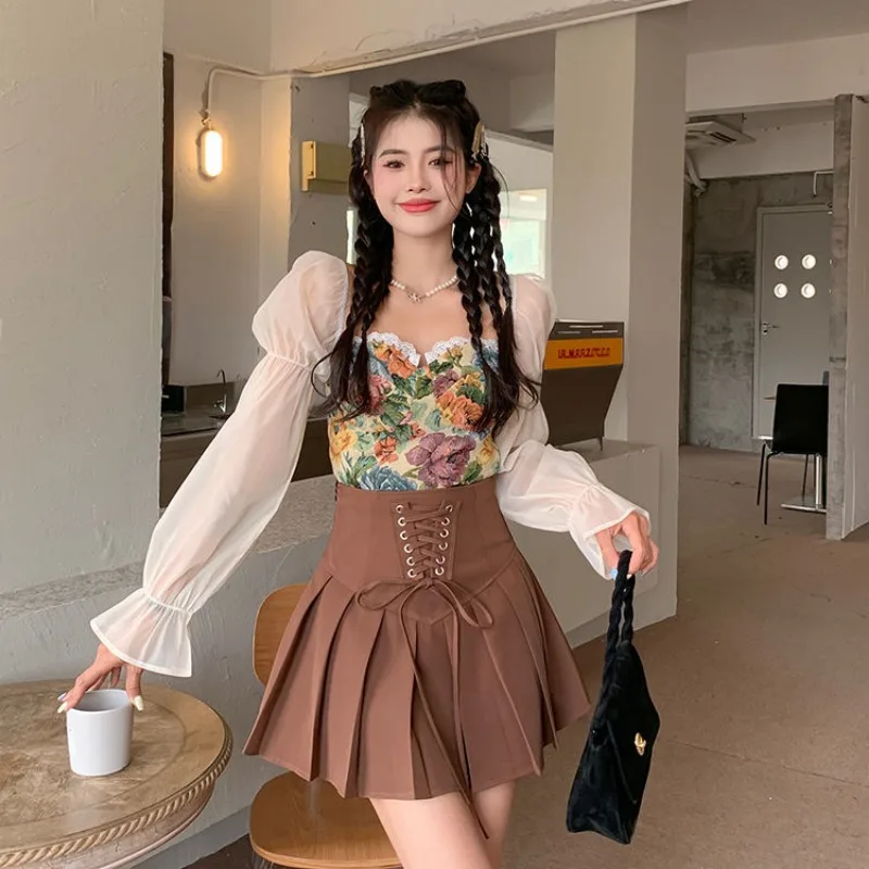 

Khaki Bandage Skirts Women Pleated Mini Bodycon High Waist European Style A-line Hot Girls Ins Chic Solid All-match Vintage Jupe