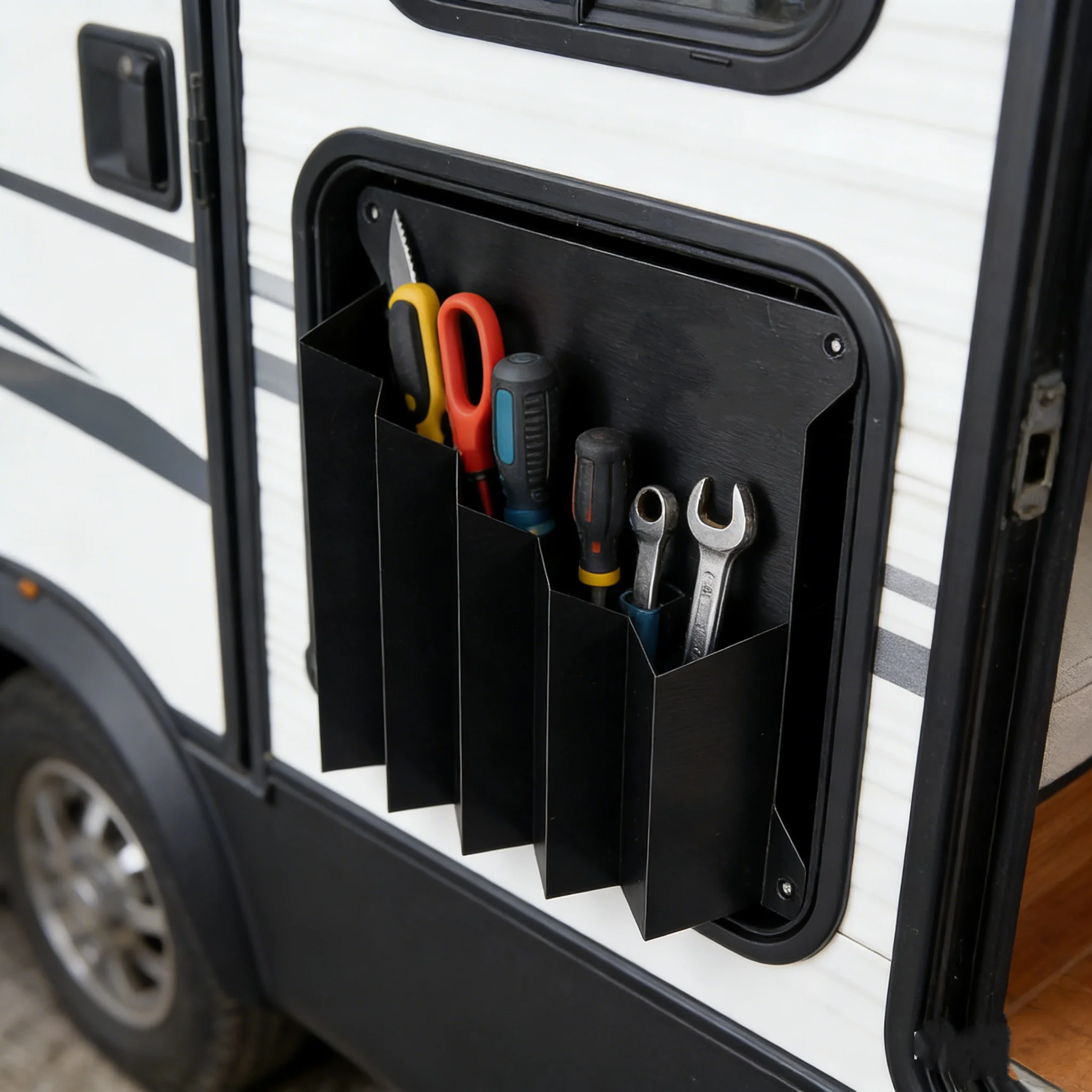 

RV Caravan Camper Storage Solution - Multi-Slot Tool Holder For RV Exterior, Durable Black Hanging Organizer