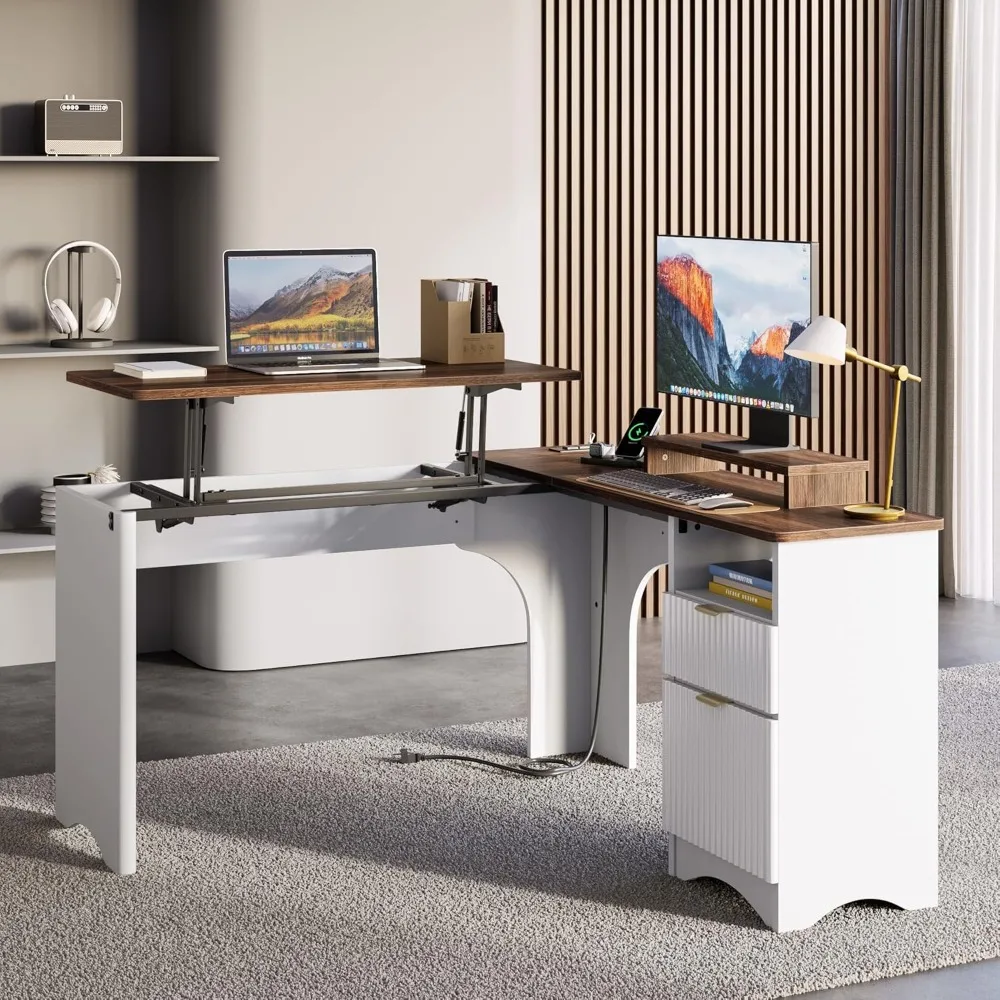 

L Shaped Desk with Lift Desktop, 55 inch Corner Desk with Fluted Panel Deisgn Drawers, Modern Office Desk with File Draw
