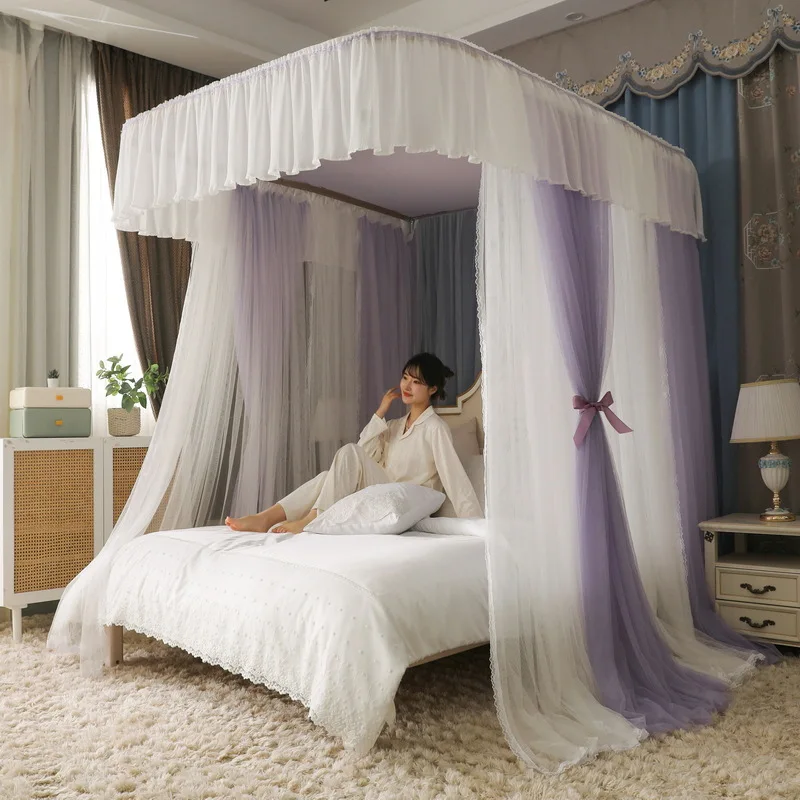 2 Layer Rail Mosquito Net Princess Palace Lace Bed Canopy for Girls Room with Aluminium Alloy Frame for 1.8 2.0M Bed