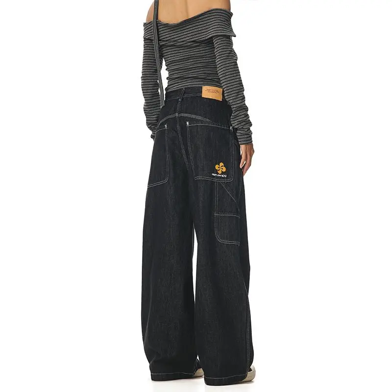 أنيقة الخريف الشتاء خمر عالية الخصر التطريز تصميم تنوعا البضائع الجينز مستقيم واسعة الساق السائق السراويل النسائية Y2k الملابس #2