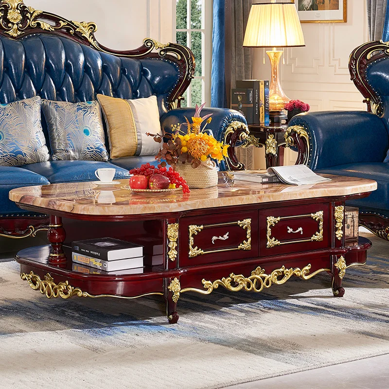 European marble coffee table TV cabinet combination villa red sandalwood carved solid wood oval tea table living room