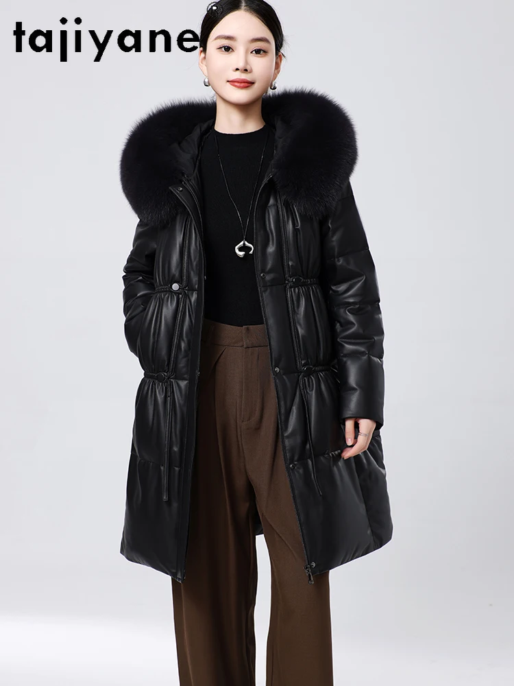 TAJIYANE 100% abrigo de piel de oveja para mujer, chaqueta elegante de cuero genuino negro, chaquetas acolchadas de longitud media, ropa de invierno para mujer 2025