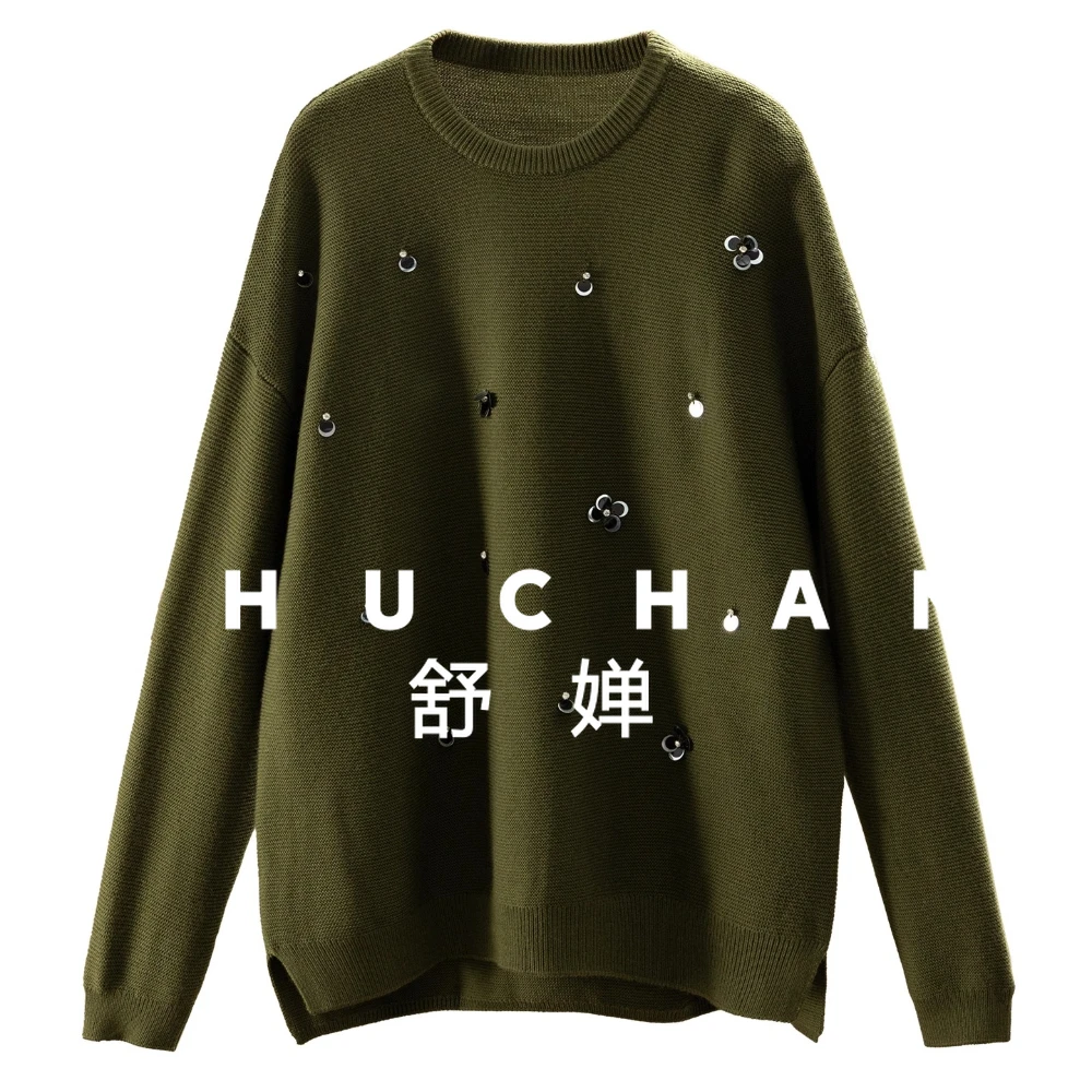 سترة نسائية رائعة مطرزة يدويًا 100 من الصوف برقبة دائرية سترة نسائية 34I6 كبيرة الحجم Sueter Mujer #1