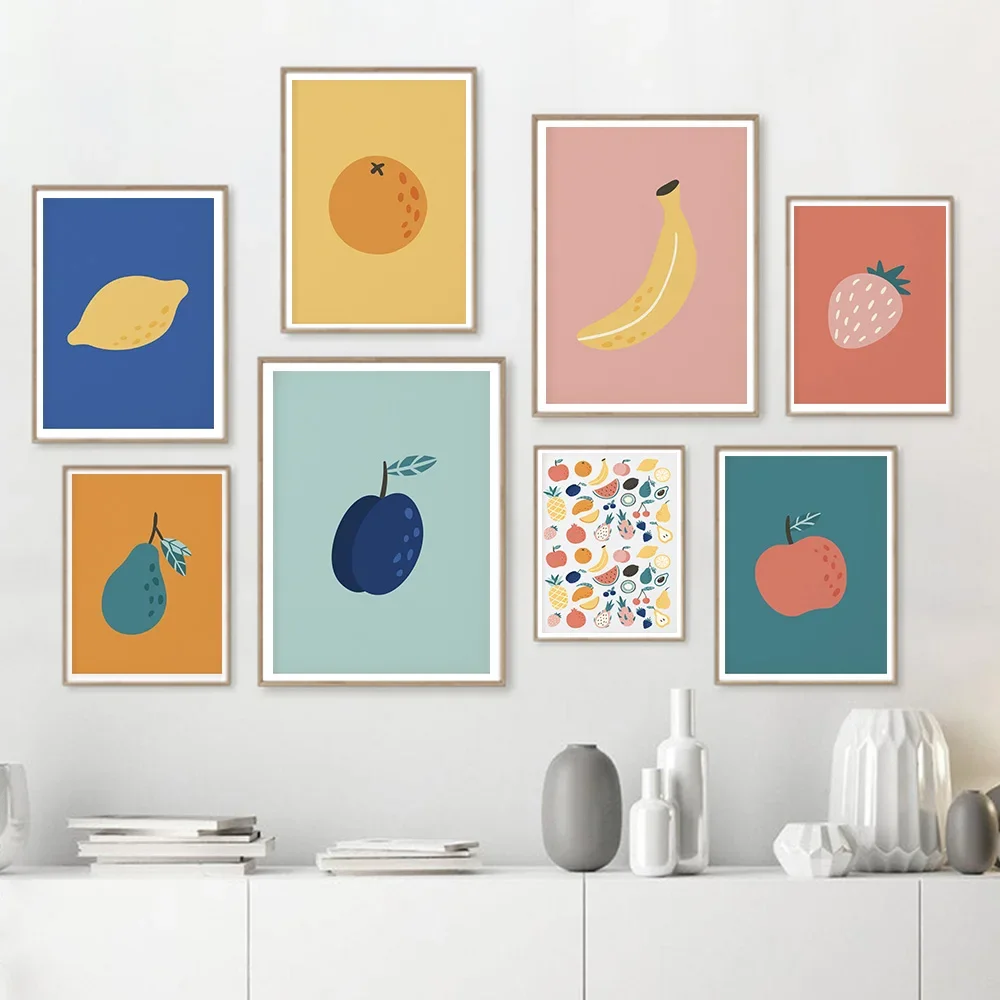 Apple Pear Lemon Kitchen Poster Fruit Food Banana Strawberry Canvas Print Wall Art Painting Picture Dining Room Restaurant De