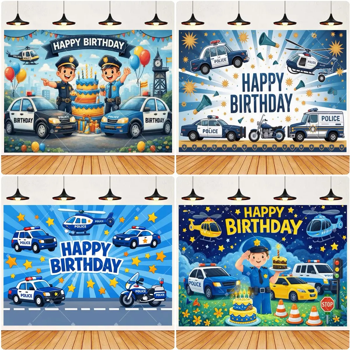 Cartoon Polizei Geburtstagsparty Hintergrund Kindergeburtstag Kuchentisch Dekoration Polizeiauto Hubschrauber Foto Requisiten Banner