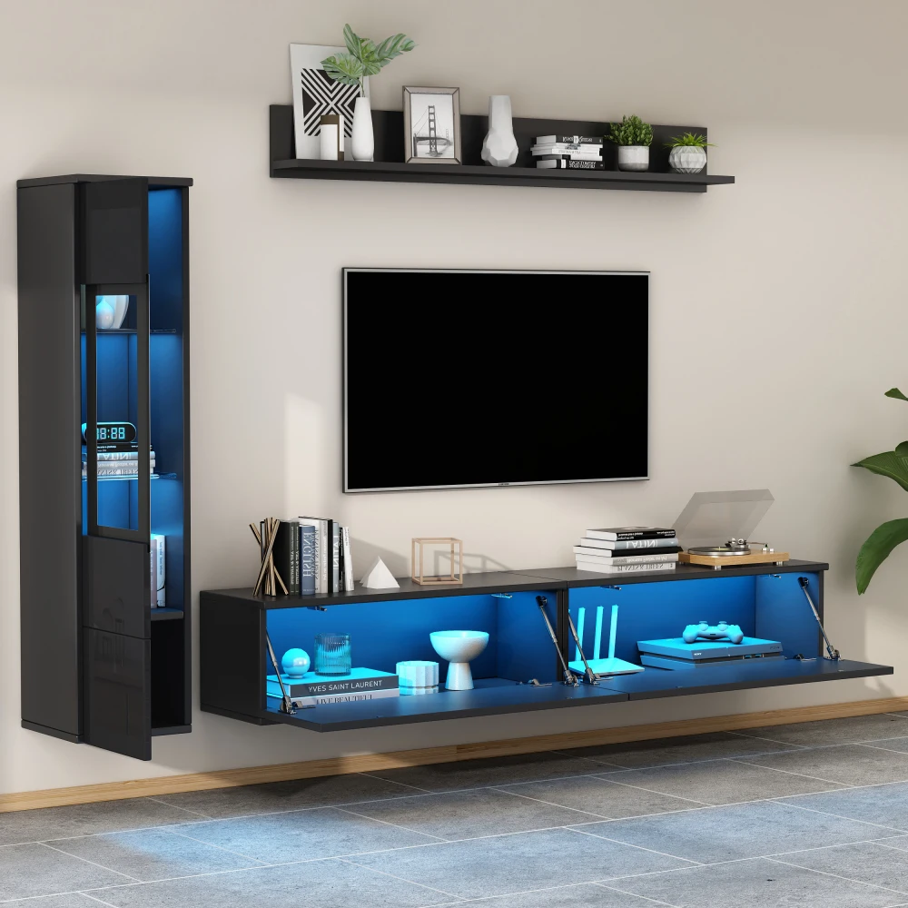 3-teiliges TV-Wohnzimmer-Wandset mit LED-Beleuchtung, Hochglanz-Möbelset, TV-Schrank, Vitrine und Hängeregal, für Fernseher bis zu 80 Zoll – Detail 5