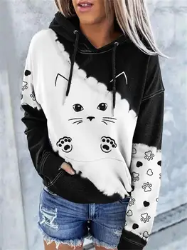Dames Kitten Paw Print Hoodie Lange mouw Leuke hoodie Lichtgewicht trui Casual damessweatshirt Herfst Herfst Pullover