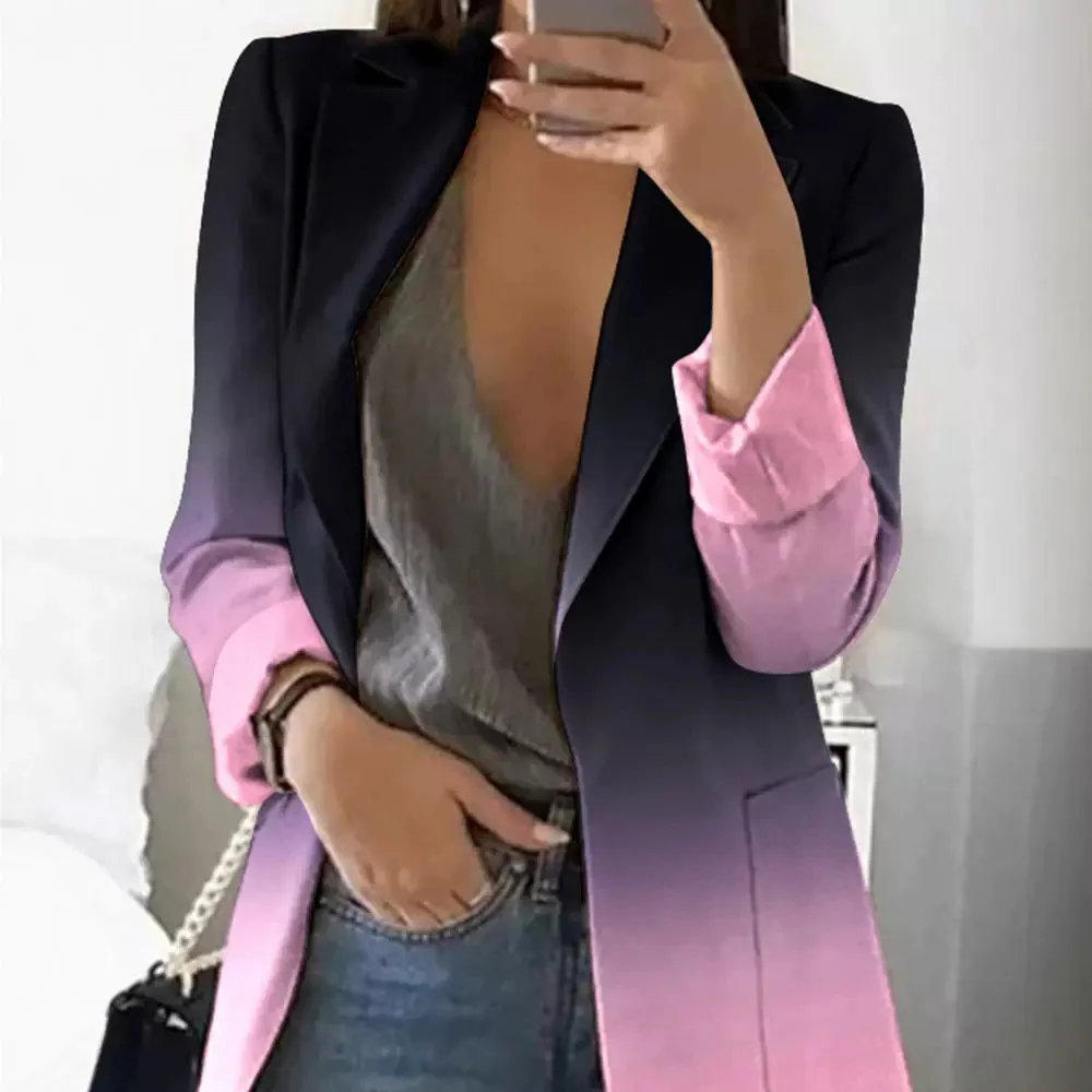 Elegant Blazer Women New Fashion 2024 Autumn Winter Casual Female Clothing Outfits Ombre Pocket Design Long Sleeve Coat Top Y2k