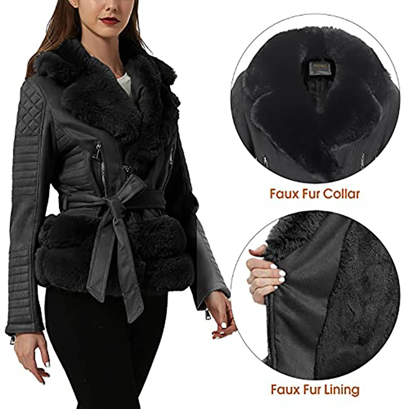 Giolshon 2022 New Winter Women Jacket Thick Warm Faux Suede Coat With Belt Faux Fur Collar PU Leather Jackets Outwear