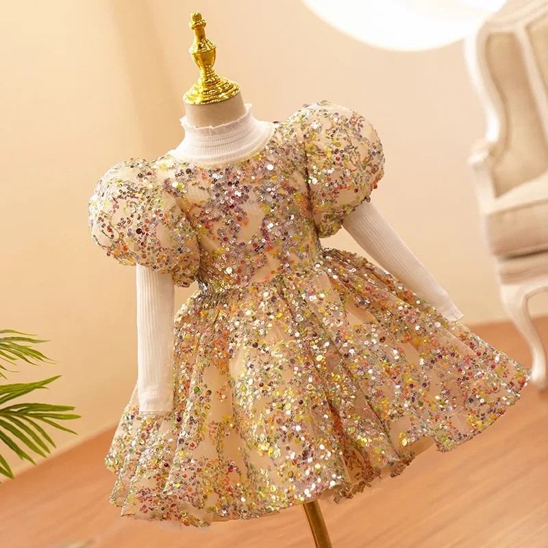 Child Girls Evening Dresses Champagne Gold Luxury 2024 Birthday Party Gown Sequin Pageant Formal Dress Teen Wedding Prom Frock