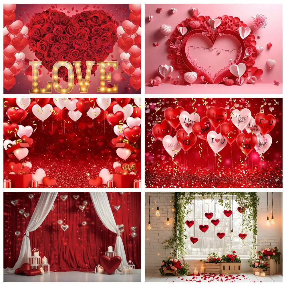 

Valentine's Day Backdrop Red Love Heart Balloon Rose Flower Romantic Room Scene Bride Wedding Photography Background Wall Decor