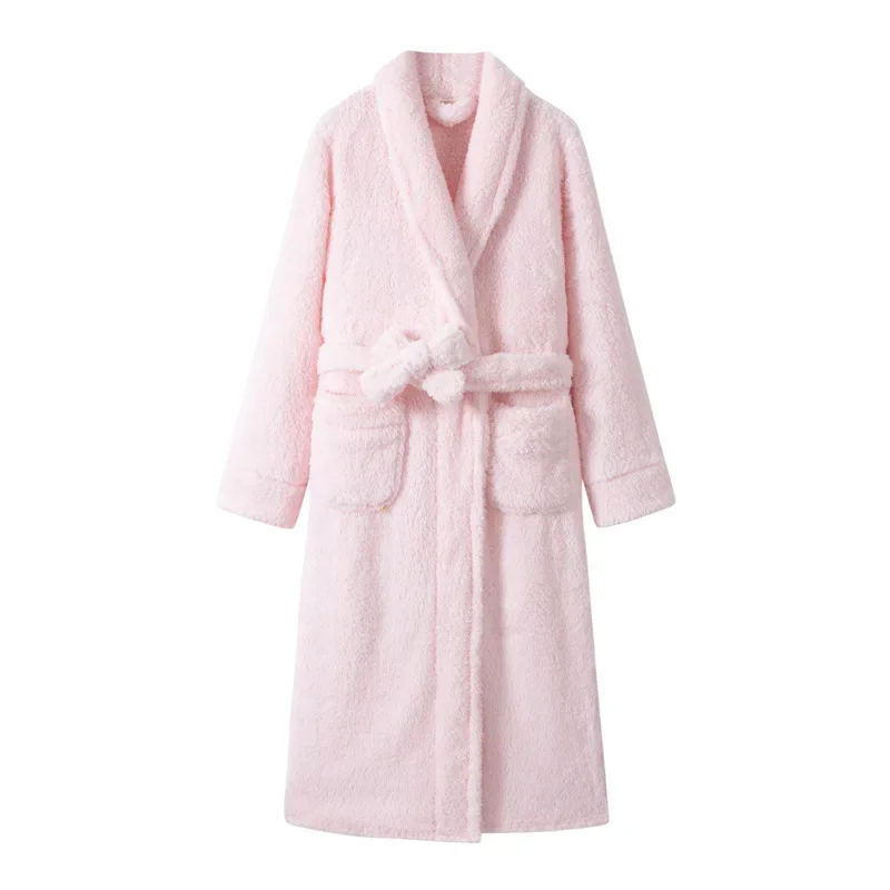 Bata gruesa de lana Coral de doble cara para Hotel, ropa de dormir de franela de longitud media para hombres y mujeres, vestido cómodo para el hogar de invierno